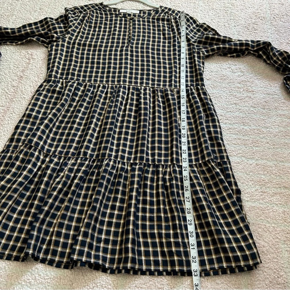 NWOT Loft Navy and Mustard Plaid Tiered Midi Dress Gold Accents Size Small Fall - Picture 8 of 9